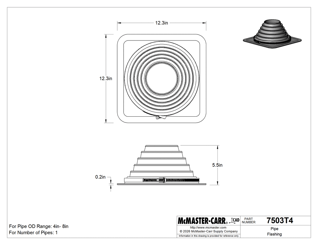 Technical Drawing of Pipe Flashing, for Corrugated-Metal Roofs, 4" to 8" OD, EPDM Cap.